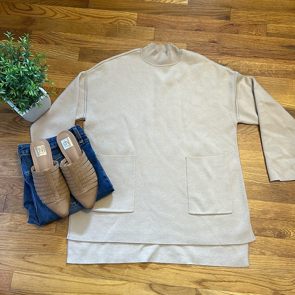 Chico’s Women’s 2 Milano Stitch Mock Neck Tan Long Sleeve Pullover Sweater